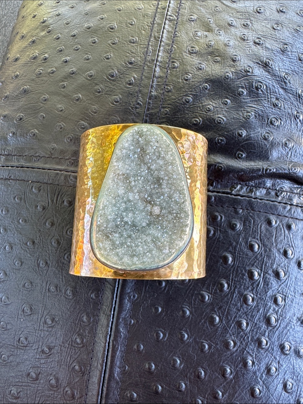 Candorra Artisans Vintage Hammered Brass Raw Druzy Quartz Cuff Bracelet